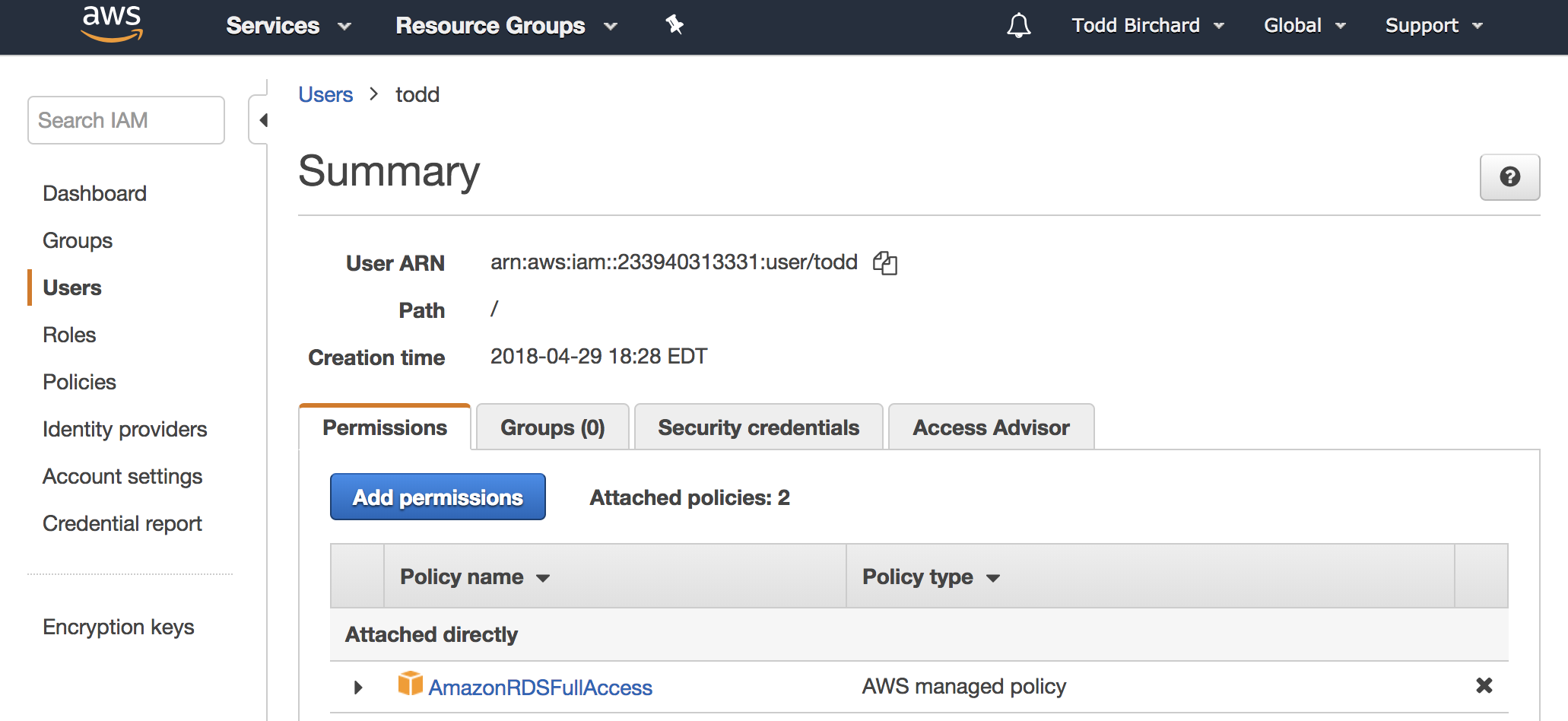 Adding the AmazonRDSFullAccess policy to an AWS user permission group